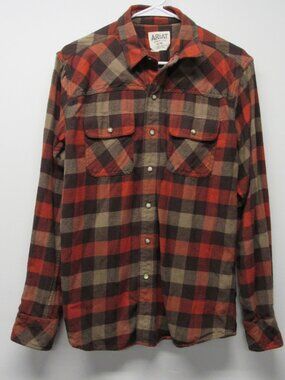 Ariat Retro Snap Shirt Mens Medium Brown Orange Plaid Flannel Western Cowboy
